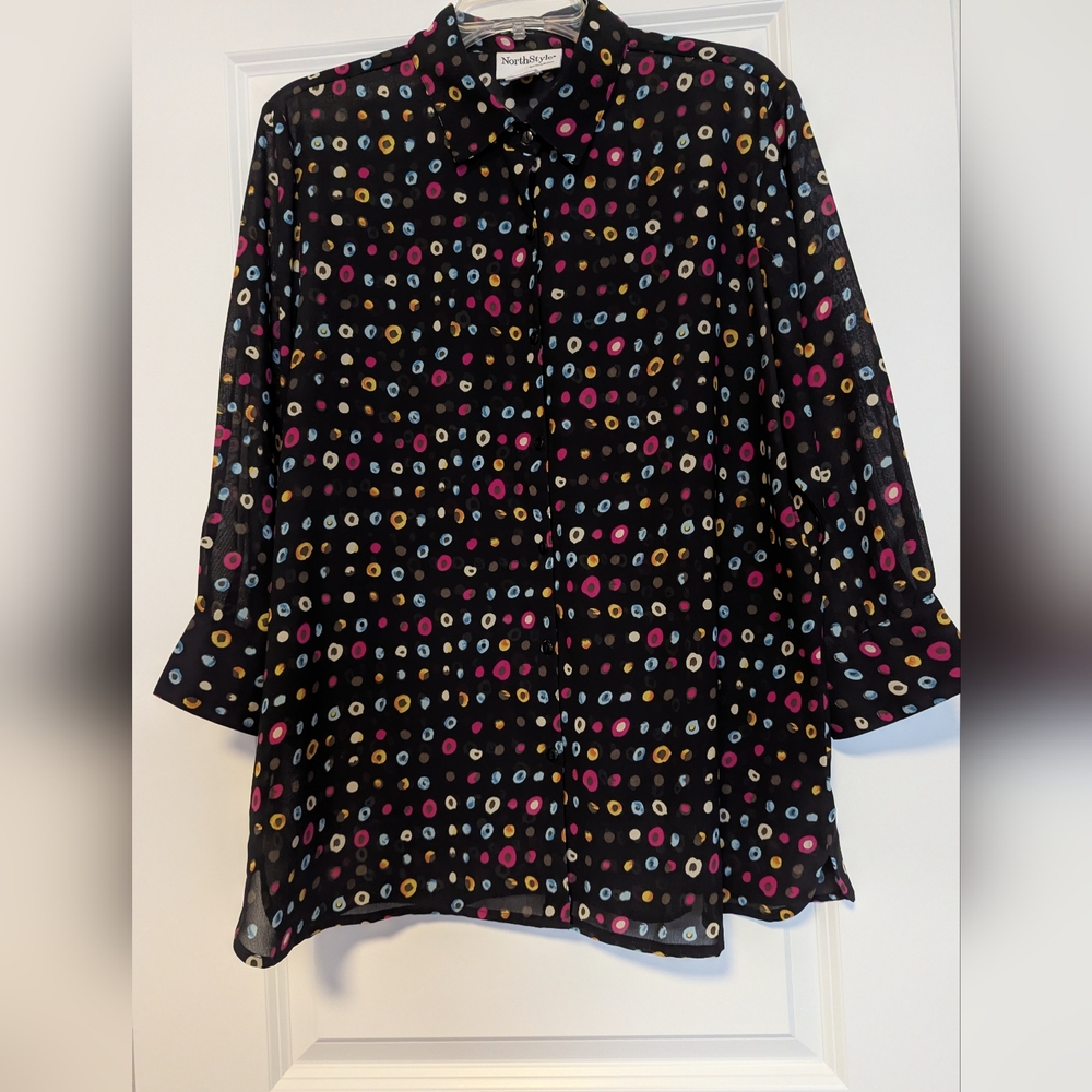NWOT-NorthStyle Black Sheer Blouse with Pink, Blue and Gold Dot Print-3/4 Sleeve